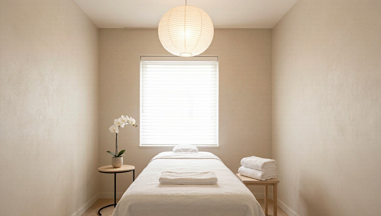 Main massage studio room with paper lantern and orchid